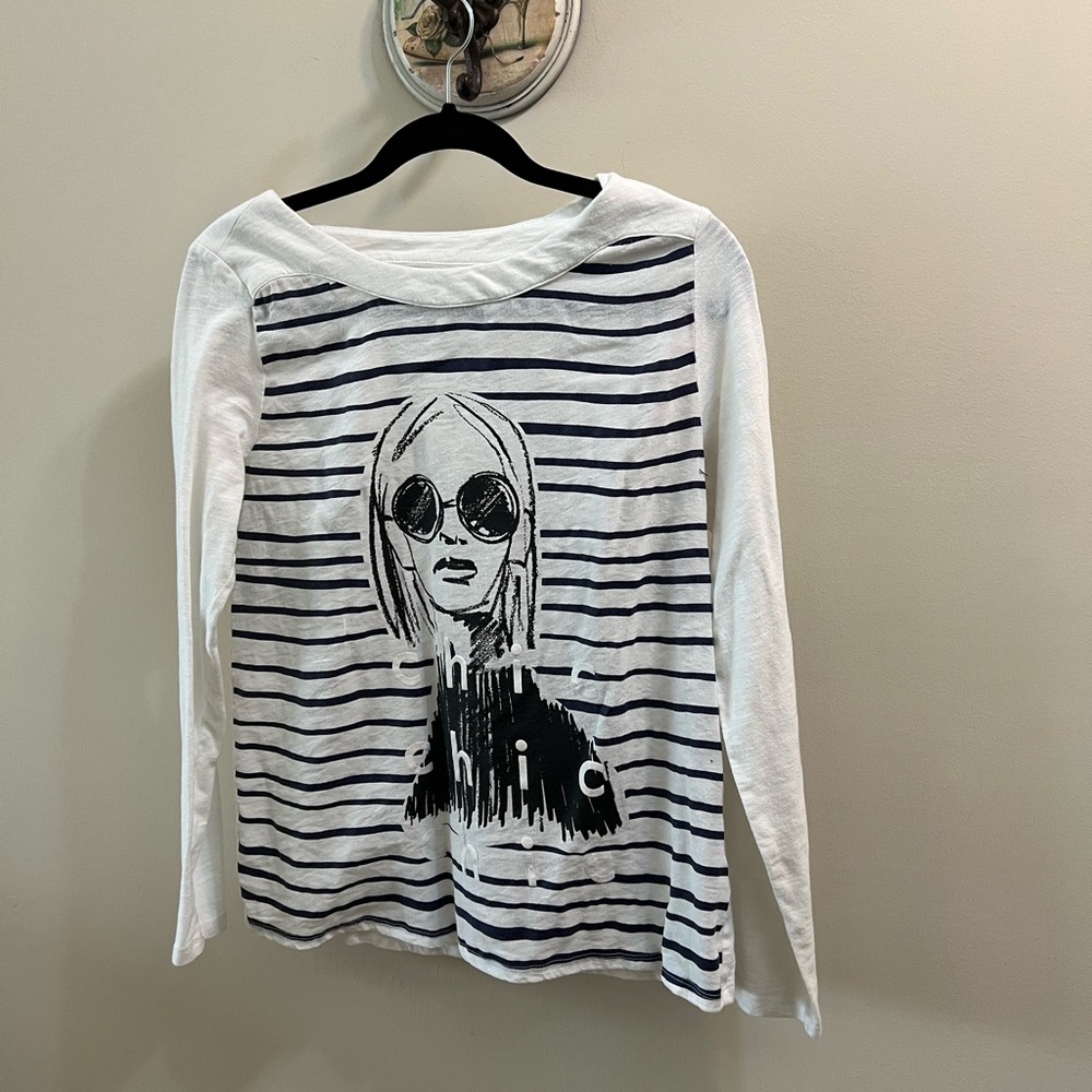 F&F 100 Long Sleeve Striped Graphic blue striped Tee -raised Chic print size S/M